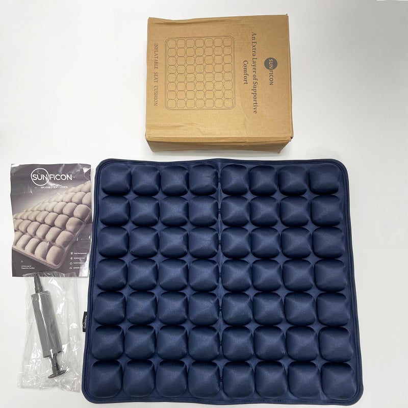 SUNFICON وسادة مقعد هوائية SUNFICON وسادة مقعد قابلة للنفخ وسادة سيارة محمولة وسادة كرسي مكتب وسادة كرسي متحرك مضادة لتقرحات الفراش وسادة تخفيف الألم والضغط للأرثوبيديك وسادة مقعد للتخييم مع مضخة 18 بوصة × 16 بوصة × 1 بوصة زرقاء - Image 3